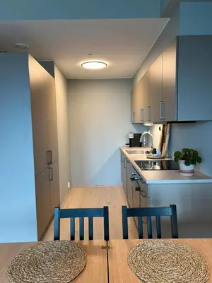 a kitchen with two chairs and a table and a kitchen with a sink at LADE - leilighet i Ringve Pluss in Trondheim