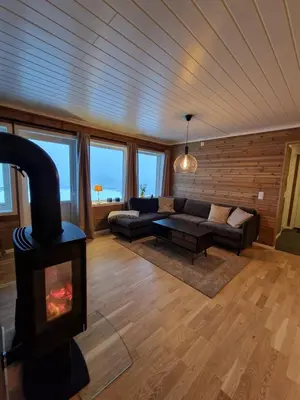 a living room with a fireplace and a couch at Apartment in Voss - Tråstølen in Skulestadmo