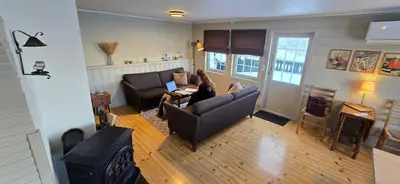 a living room with two couches and a stove at Fjellheimens Svanebu in Tyinkrysset