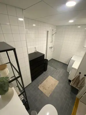 a bathroom with a shower and a toilet in it at Modern apartment in beautiful Lofoten in Lii
