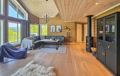 a living room with a couch and a fireplace at Awesome Home In Vinje With Sauna in Trovatn