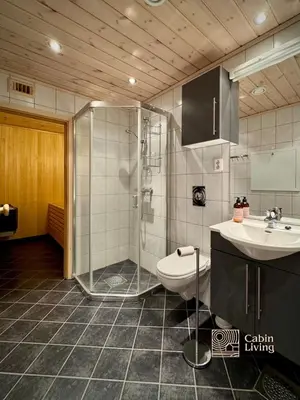 a bathroom with a toilet and a sink and a shower at Ski-In Out apt Hafjell - Sauna and Stunning Views in Hafjell