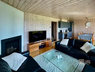 a living room with a black couch and a tv at Ski-In Out apt Hafjell - Sauna and Stunning Views in Hafjell