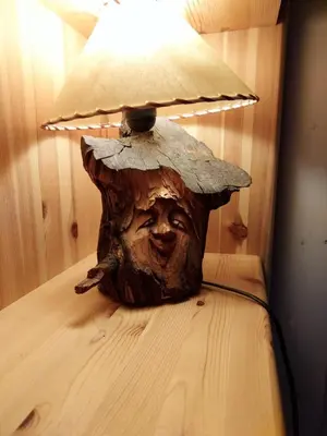 a lamp on top of a tree stump with a face on it at Beautiful place among forests and fields in a good old style in Eggedal