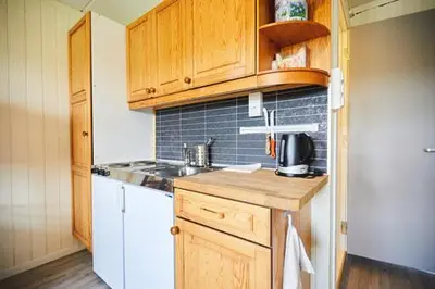 a small kitchen with wooden cabinets and a sink at Fisking i Valdres in Tisleidalen