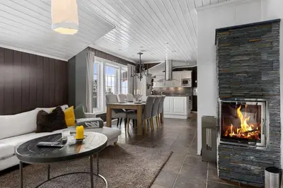 a living room with a couch and a fireplace at Trysilfjell 720 by Vacation Trysil in Trysil