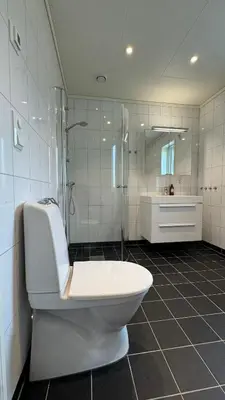 a white bathroom with a toilet and a shower at Cabin by the lake with 3 bedrooms in Kvam