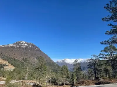 a view of a mountain with trees and a road at Moderne og romslig familiehytte i Stryn in Stryn