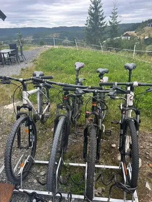 two bikes are parked next to each other at MYLLA - New cabin - Sauna - Hike - Bike - Canoe- Fishing in Jevnaker