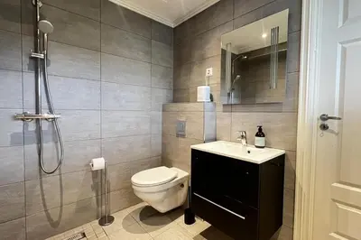 a bathroom with a toilet and a sink and a shower at Nordic Villa Retreat in Ålesund