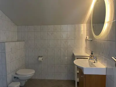 a bathroom with a toilet and a sink and a mirror at Toppleilighet Midt I Beitostølen in Beitostøl