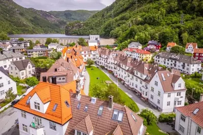 an aerial view of a town with houses at Quiet home with garden in Bergen