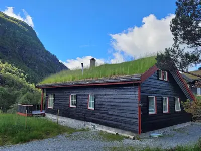 a house with a grass roof on top of it at Spacious Wood Cabin 50 min from Bergen in Eikedalen