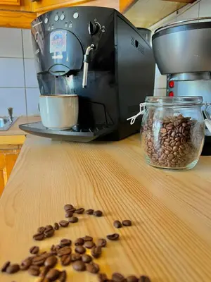a coffee maker sitting on a counter with coffee beans at Studio in Os Near Bergen