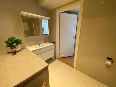 a bathroom with a sink and a mirror at Spacious Modern Apartment City center in Bergen