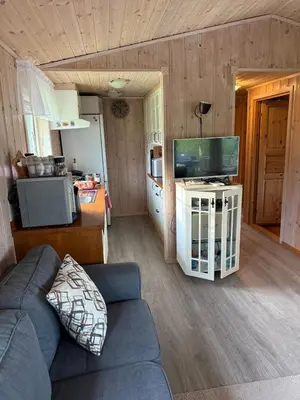 a living room with a couch and a flat screen tv at Fantastic cabin in the woods & boat for rental or 2 days free boat on 7 days stay