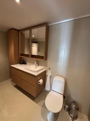 a bathroom with a toilet and a sink at Leilighet i Bergen sentrum in Bergen