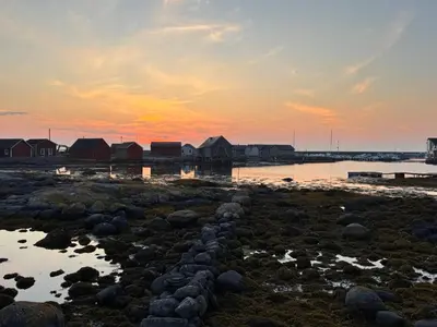 a beach with rocks and houses at sunset at Et hus dypt i havet in Steinshamn
