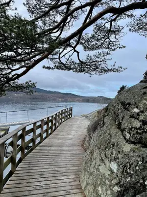 a wooden bridge over a body of water at Haus Harald in Tysnes