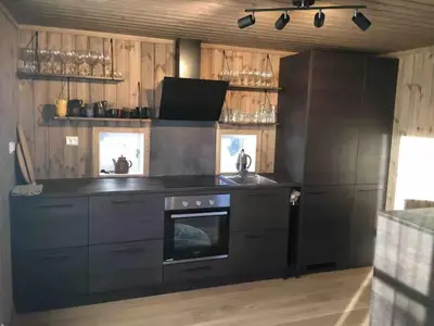 a kitchen with a stove and a sink and a counter at Blefjell hytte med fantastisk utsikt in Kongsberg