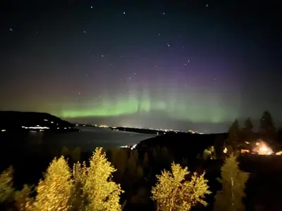 an aurora in the sky over a lake at night at Villa Fjara sleeps 34 in Stange