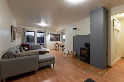 a living room with a couch and a fire place at Free EV Charging with Snacks and View in Blesom
