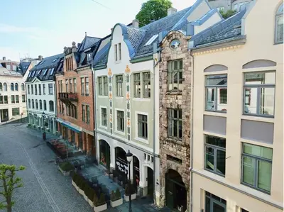 an aerial view of buildings in a city at Ålesund Central Apartment in Ålesund