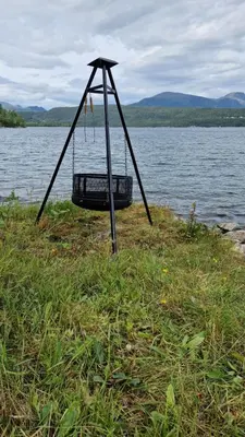 a swing in the grass next to a body of water at Seaside cabin with stunning view! in Ålesund