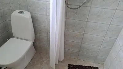 a bathroom with a toilet and a shower at Garsoniera in Leirvåg