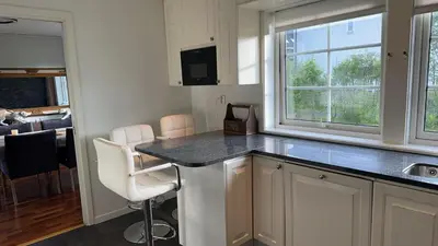a kitchen with a counter with a sink and a window at Helt hus leies ut under fiskeri messe 2025 in Trondheim
