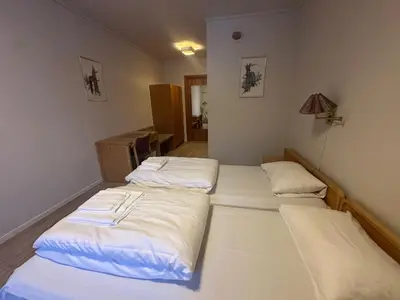a room with two beds in a room with a lamp at Bjorliheimen Fjellhotell-Hotellrom in Bjorli