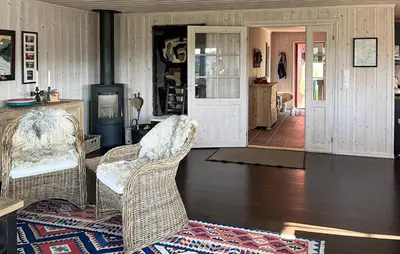 a living room with two chairs and a fireplace at Gorgeous Home In Rauland With Sauna in Rauland