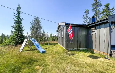 a house with a playground with a slide and a flag at Beautiful Home In Sjusjøen With Sauna in Sjusjøen