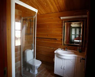 a bathroom with a toilet and a sink and a mirror at Stor tømmerhytte med fjellutsikt in Beitostøl