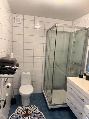 a bathroom with a toilet and a glass shower at Mai Tran in Gjøvik