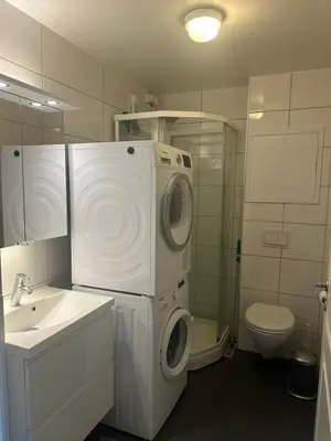 a bathroom with a washer and dryer next to a toilet at Alfred Apartment in Trondheim in Trondheim