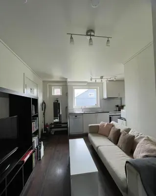 a living room with a couch and a kitchen at Alfred Apartment in Trondheim in Trondheim