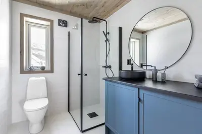 a bathroom with a shower and a toilet and a mirror at Ski inn ski out, downhill and crosscountry Holtardalen in Torvetjørn