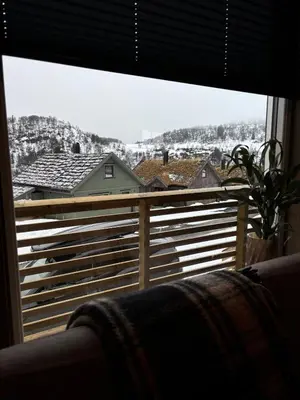 a window with a view of a fence and houses at Ski inn ski out, downhill and crosscountry Holtardalen in Torvetjørn