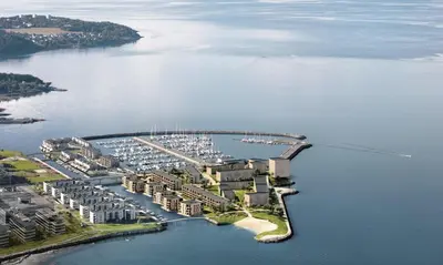 an aerial view of a resort in a body of water at Nice apartment with sea view in Trondheim