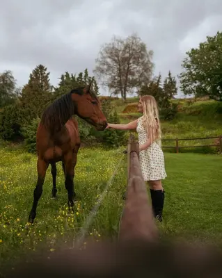 a woman is petting a brown horse in a field at Snerting Ranch Hotel - Comfty and modern Log House in Stokkan