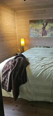 a bedroom with a bed with a blanket on it at New Cabin With Panoramic Views Of Lake Osen