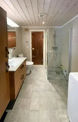 a bathroom with a shower and a sink and a toilet at Family Cabin In Rauland in Rauland