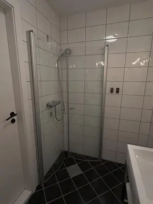 a bathroom with a shower and a sink at Elegant city apartment in Bergen- Private outdoor patio and free parking in Bergen
