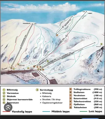 a map of a snow covered mountain with a ski slope at Fossen Bratte Mountain home in Eikedalen