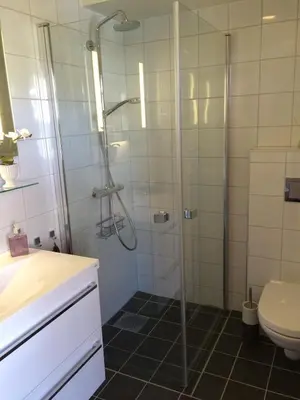 a bathroom with a shower and a toilet at Central on Beitostølen with walking distance to everything in Beitostøl