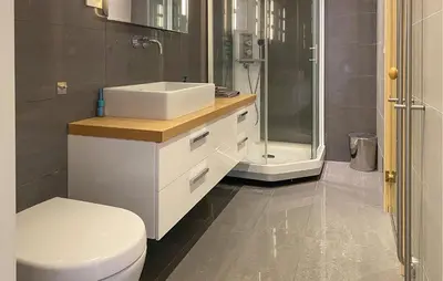 a bathroom with a toilet and a sink and a shower at Cozy Apartment In Gurskøy With Sauna in Kjellsund