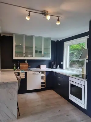 a kitchen with blue walls and white appliances and a window at Nyoppusset leilighet nær Aker og sentrum in Stord