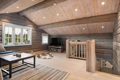 a living room with a dog laying on the floor at Trysilfjell 811 by Vacation Trysil in Trysil