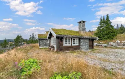 a house with a grass roof on top of a field at Nice Home In Lillehammer in Lillehammer